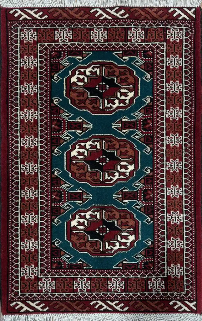 GREEN TURKMEN RUG 63CM X 96CM (2'06 X 3'15)