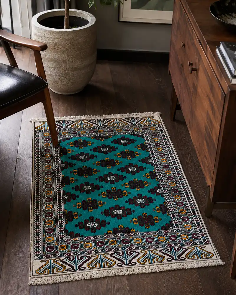 handmade green turkmen rug