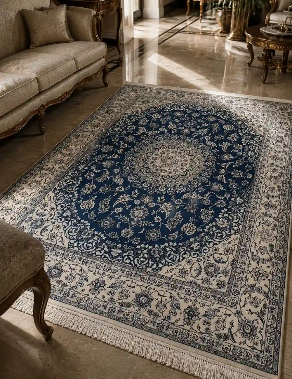handmade persian blue turkmen rug