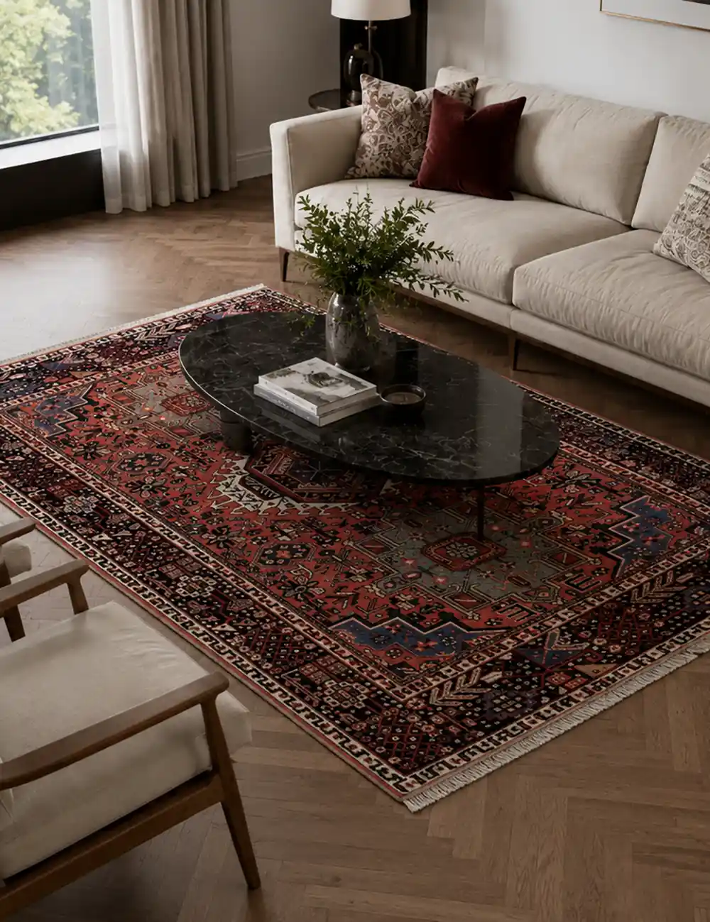 persian living room with gharajeh rug