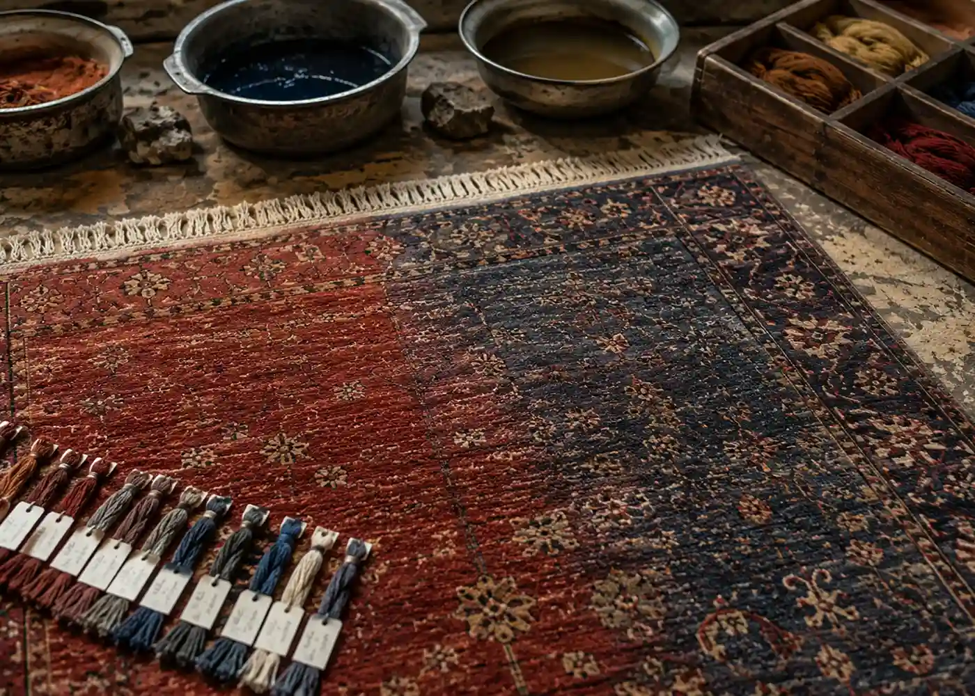 Abrash in handwoven rugs showing horizontal color variation in a Persian rug