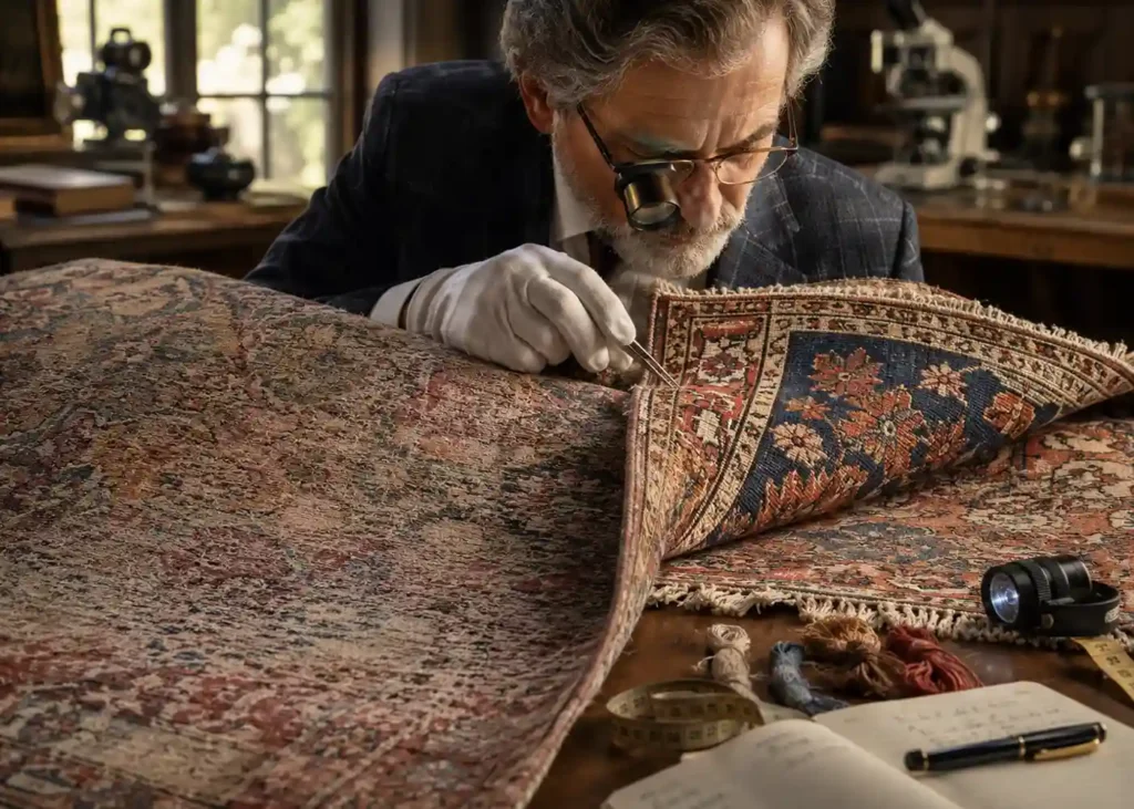 Expert examination of an antique-looking rug for signs of artificial aging