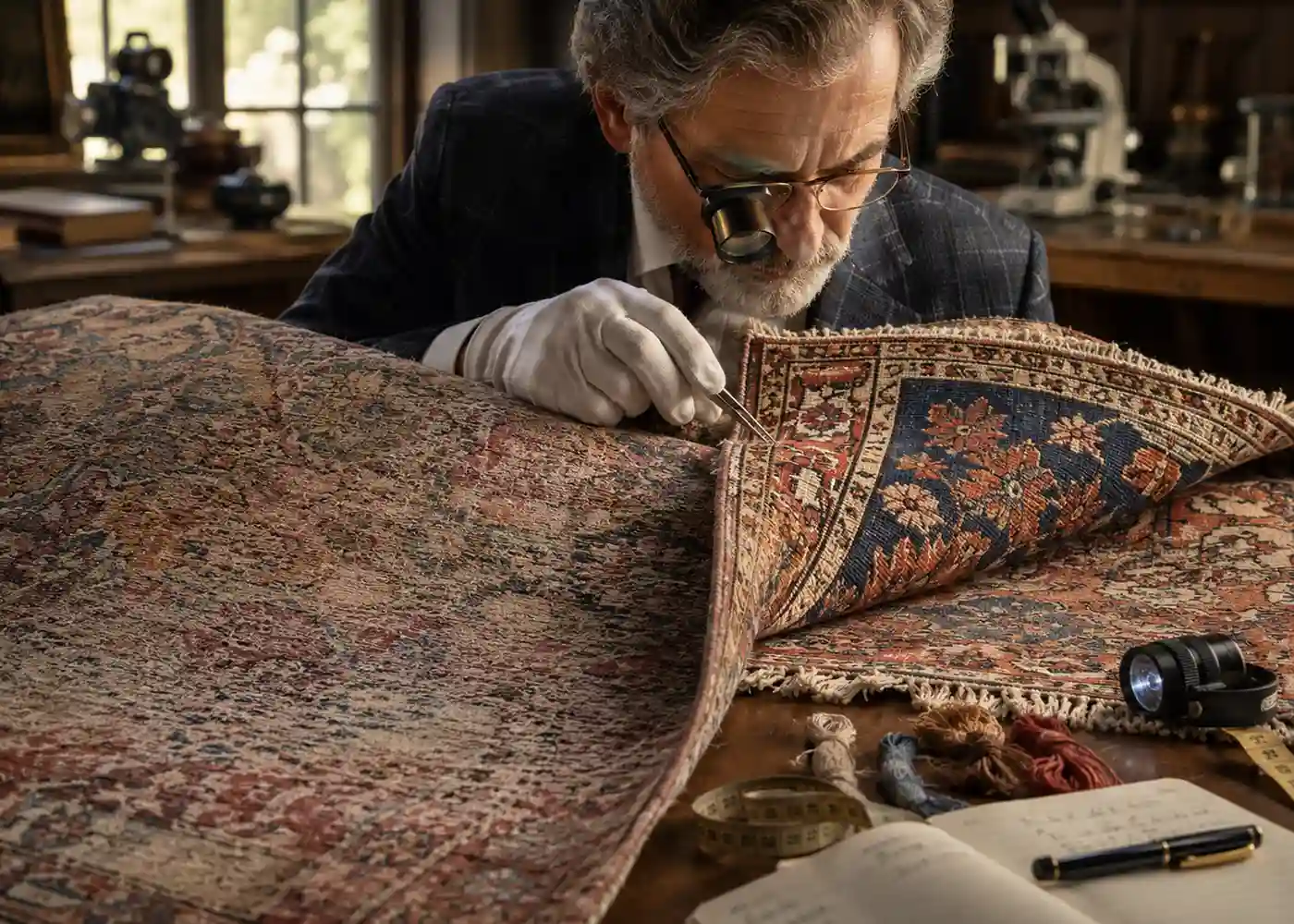Expert examination of an antique-looking rug for signs of artificial aging